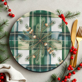 Vintage Green White Gingham Pattern ペーパープレート