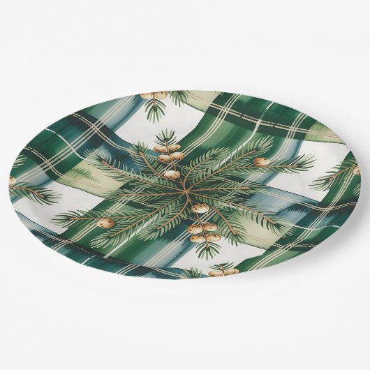 Vintage Green White Gingham Pattern ペーパープレート (アングル)