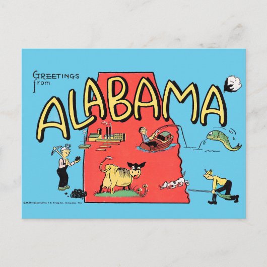 Vintage Greetings from Alabama Cartoon Map Art ポストカード (正面)