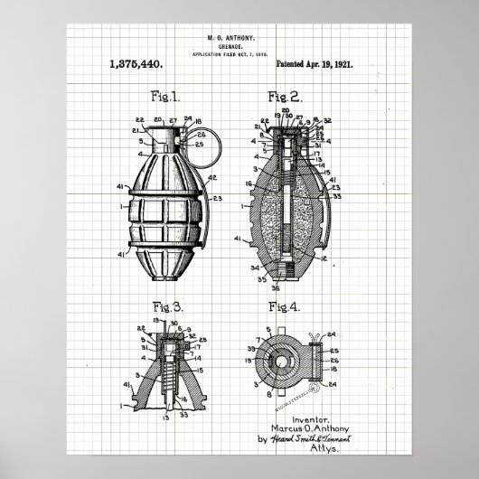 Vintage Grenade Patent Grid Poster ポスター (正面)