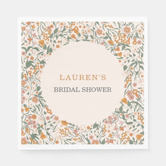 Vintage Groovy Boho Wildflowers Bridal Shower スタンダードランチョンナプキン (正面)