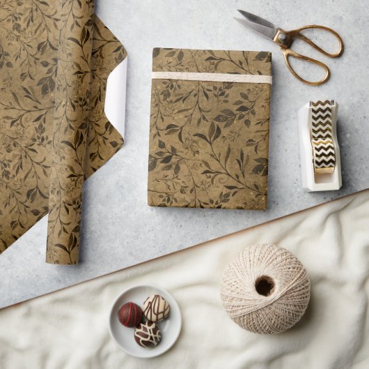 Vintage Grunge Leaf Pattern Wrapping Paper Roll    ラッピングペーパー (クラフト)