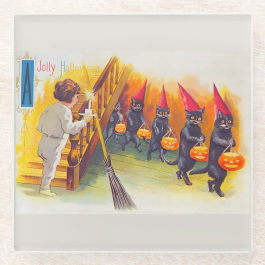 Vintage Halloween Black Cats ガラスコースター (正面)