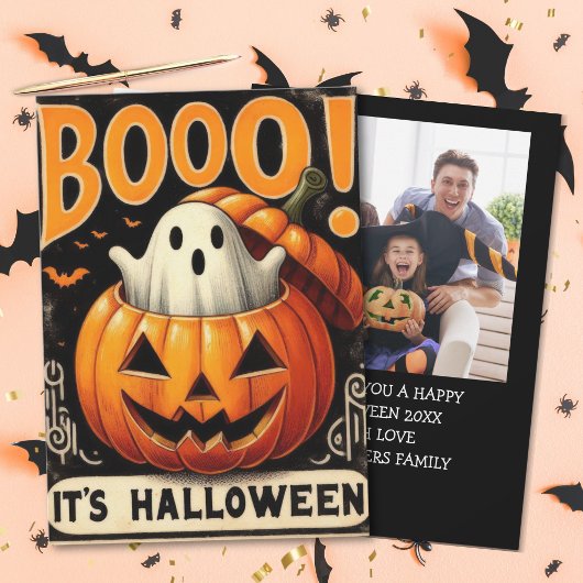Vintage Halloween Card with Ghost & Pumpkin カード