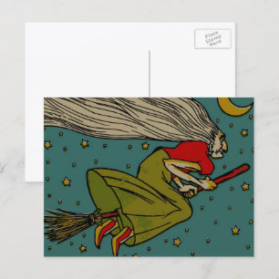 Vintage Halloween, Evil Witch Flying on Broomstick ポストカード