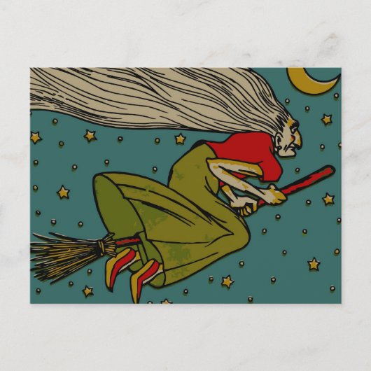 Vintage Halloween, Evil Witch Flying on Broomstick ポストカード (正面)