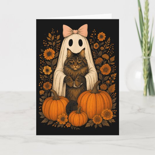 Vintage Halloween Ghost Holding Maine Coon Cat  カード (正面)