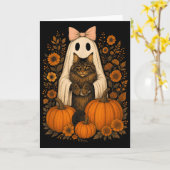 Vintage Halloween Ghost Holding Maine Coon Cat  カード (黄色い花)
