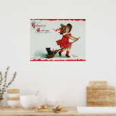 Vintage Halloween Girl Witch On Broom ポスター (キッチン)