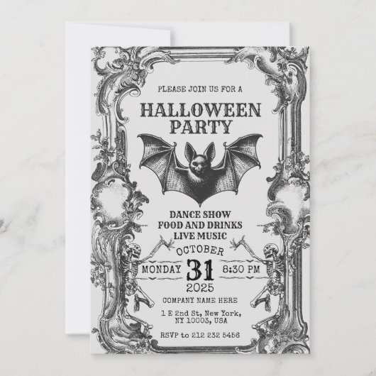 Vintage Halloween Invitation with Skeletons & Bat 招待状 (正面)