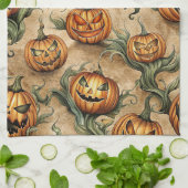 Vintage Halloween Jack-O-Lantern Vine Pattern キッチンタオル (折り畳み)
