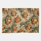 Vintage Halloween Jack-O-Lantern Vine Pattern キッチンタオル (横)