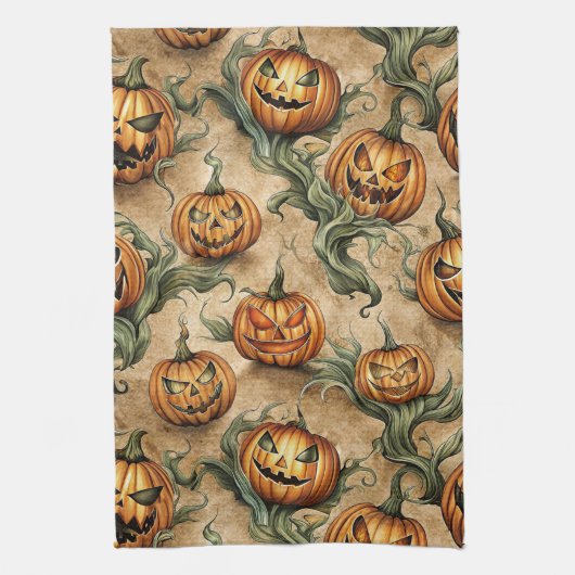 Vintage Halloween Jack-O-Lantern Vine Pattern キッチンタオル (縦)