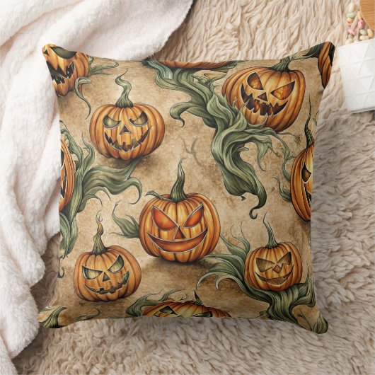 Vintage Halloween Jack-O-Lantern Vine Pattern クッション (ブランケット)