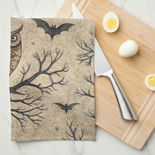 Vintage Halloween Owls & Moon キッチンタオル (四つ折り)