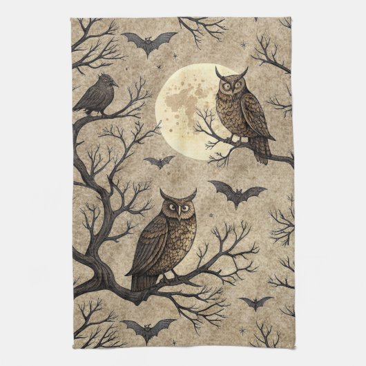Vintage Halloween Owls & Moon キッチンタオル (縦)