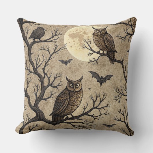 Vintage Halloween Owls & Moon クッション (正面)