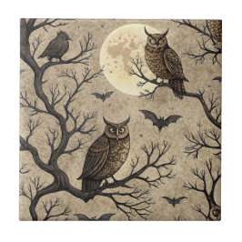 Vintage Halloween Owls & Moon タイル