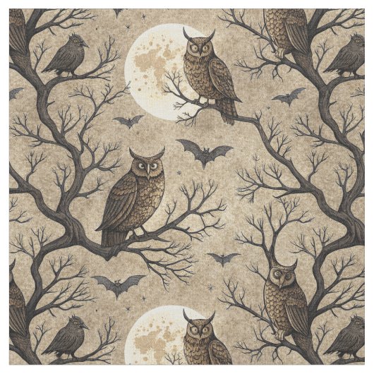 Vintage Halloween Owls & Moon ファブリック (クローズアップ)