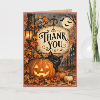 Vintage Halloween Pumpkin Black Cat Thank You Card カード