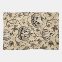 Vintage Halloween Pumpkin Vine Pattern キッチンタオル