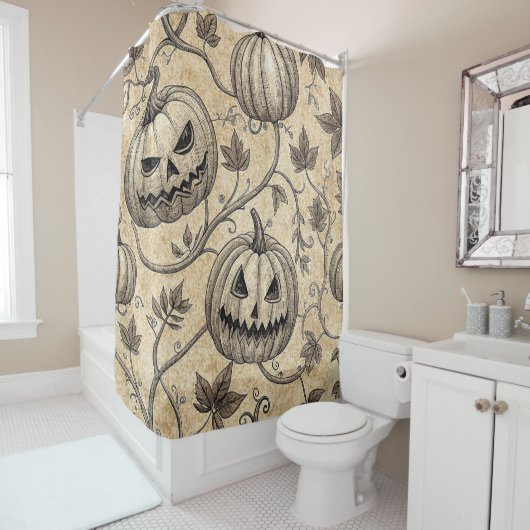 Vintage Halloween Pumpkin Vine Pattern シャワーカーテン (インサイチュ)