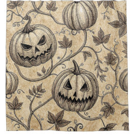 Vintage Halloween Pumpkin Vine Pattern シャワーカーテン