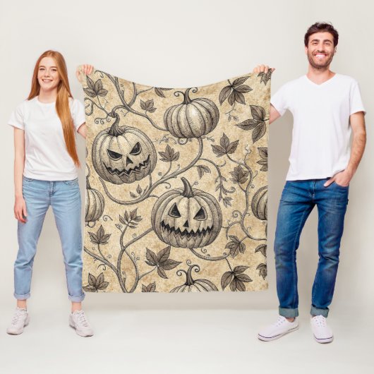 Vintage Halloween Pumpkin Vine Pattern フリースブランケット (インサイチュ)