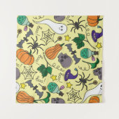 vintage Halloween seamless pattern. Pumpkin, ghost タペストリー (正面(横))