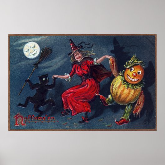 Vintage Halloween witch black cat pumpkin poster ポスター (正面)