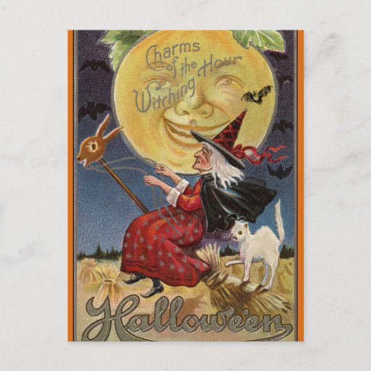 Vintage Halloween Witch on a Broom  シーズンポストカード (正面)