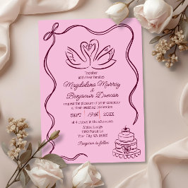 Vintage Hand Drawn Burgundy Retro Swans Wedding 招待状