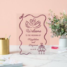 Vintage Hand Drawn Burgundy Swans Wedding Welcome アクリルサイン