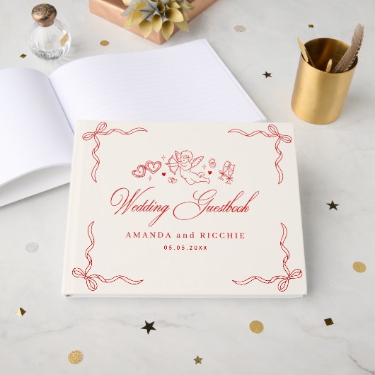 Vintage Hand Drawn Cherub Cupid Red Wedding ゲストブック (正面見開き)