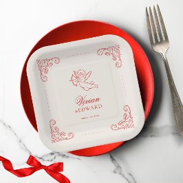 Vintage Hand Drawn Cupid Cherub February Wedding ペーパープレート