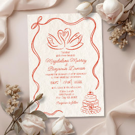 Vintage Hand Drawn Orange Retro Swans Wedding 招待状