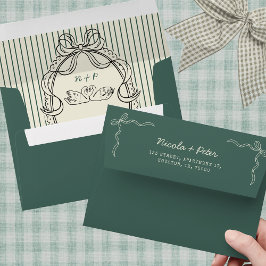Vintage Hand Drawn Swan Green Stripes Wedding 封筒