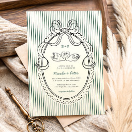 Vintage Hand Drawn Swan Green Stripes Wedding 招待状