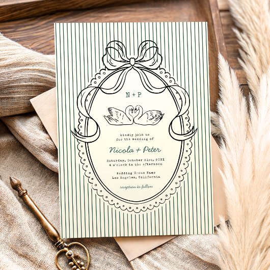 Vintage Hand Drawn Swan Green Stripes Wedding 招待状