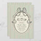 Vintage Hand Drawn Swan Green Stripes Wedding 招待状 (正面/裏面)