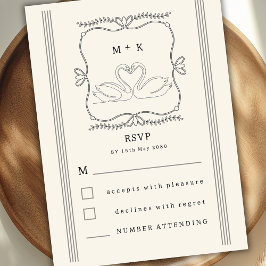 Vintage Hand Drawn Swans Monogram RSVP Wedding エンクロージャーカード