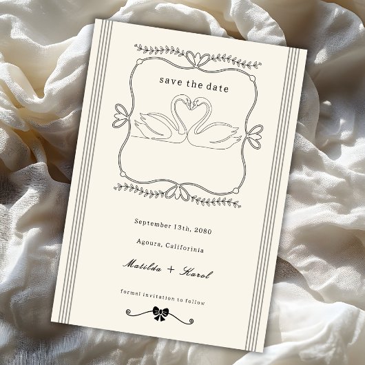Vintage Hand Drawn Swans Stripes Wedding セーブザデート