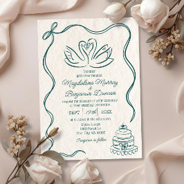 Vintage Hand Drawn Teal Green Retro Swans Wedding 招待状