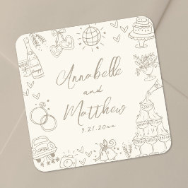 Vintage Hand Drawn Whimsical Wedding スクエアシール