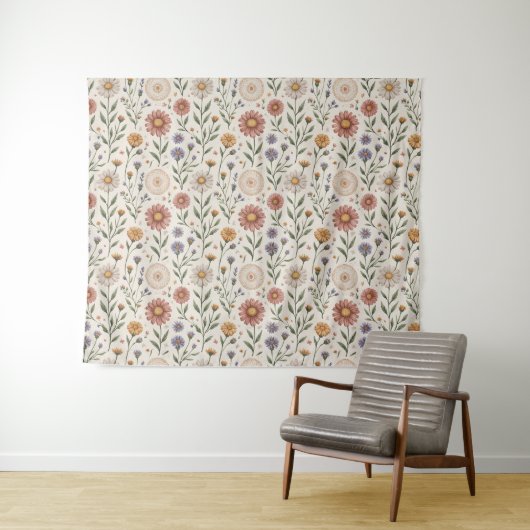  Vintage Hand-Drawn Wildflowers Patchwork Seamless タペストリー (インサイチュ(横))