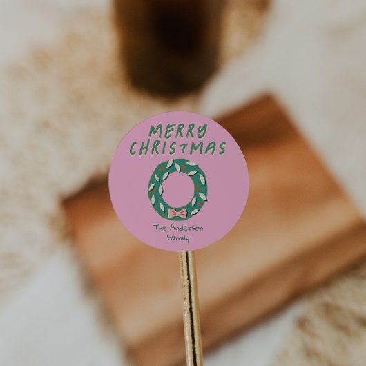 Vintage Hand Painted pink Green Christmas Wreath  ラウンドシール