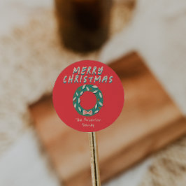 Vintage Hand Painted Red Green Christmas Wreath  ラウンドシール