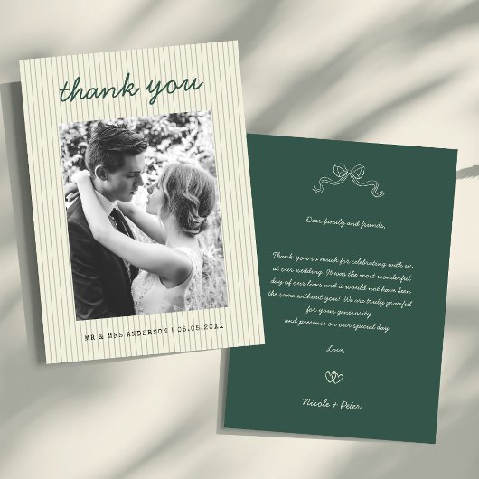 Vintage Handwritten Green Stripes Photo Wedding サンキューカード