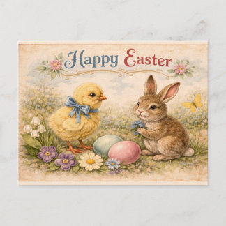 Vintage Happy Easter Bunny and Chick  ポストカード