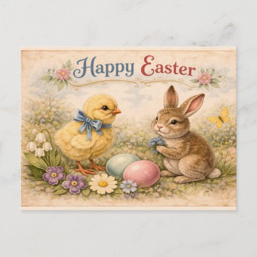 Vintage Happy Easter Bunny and Chick  ポストカード (正面)